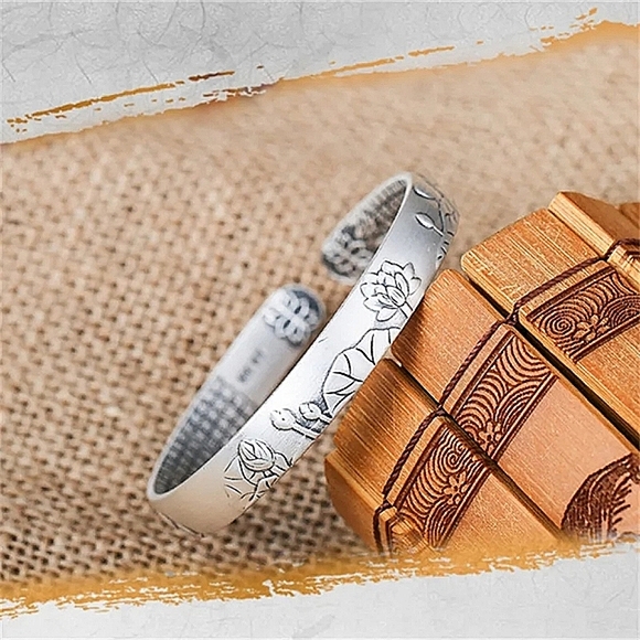 NEW Brushed 999 Pure Silver Lotus Flower Heart Sutra Bracelet - Picture 9 of 11